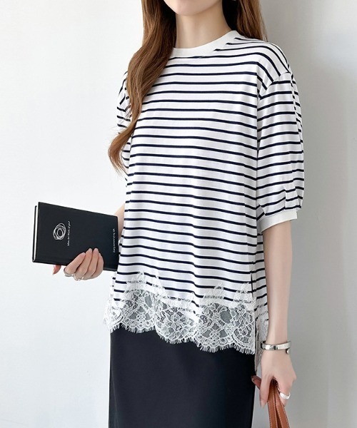 COCOMOMO（ココモモ）の「レースドッキングボーダーTシャツ 裾レース Tシャツ レース ドッキング トップス ボーダー ボーダーTシャツ レースドッキング 半袖 カットソー 裾レースドッキング 春服 夏服（Tシャツ/カットソー・レディース・ブラック/ホワイト・FREE）」の11枚目の写真