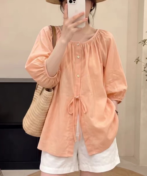 LUCPY(ラクピー)の「ギャザーリボンコットンブラウス(シャツ/ブラウス・レディース・ピンク・LARGE/X-LARGE/XX-LARGE/MEDIUM)」の3枚目の写真