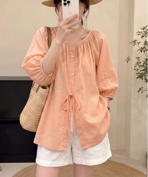 LUCPY(ラクピー)の「ギャザーリボンコットンブラウス(シャツ/ブラウス・レディース・ピンク・LARGE/X-LARGE/XX-LARGE/MEDIUM)」の2枚目の写真