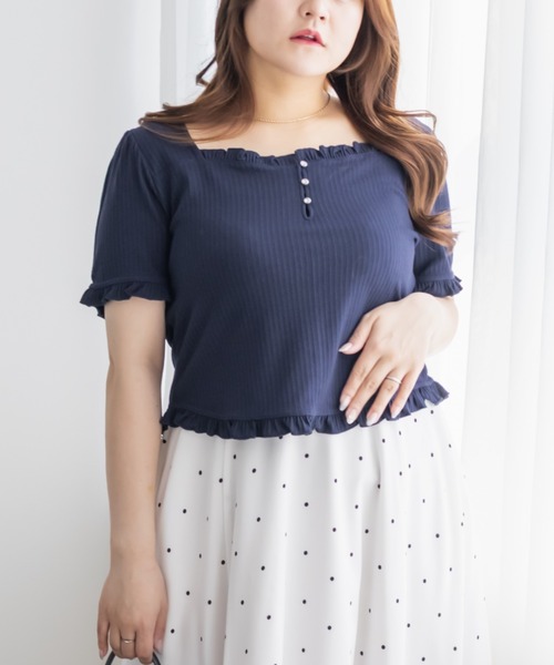CLETTE(クレット)の「ラインストーン付きフリルトップス(Tシャツ/カットソー・レディース・ネイビー/サックスブルー/オフホワイト・3L/LL/4L)」の3枚目の写真