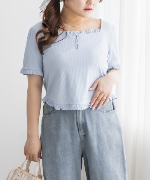 CLETTE(クレット)の「ラインストーン付きフリルトップス(Tシャツ/カットソー・レディース・ネイビー/サックスブルー/オフホワイト・3L/LL/4L)」の1枚目の写真