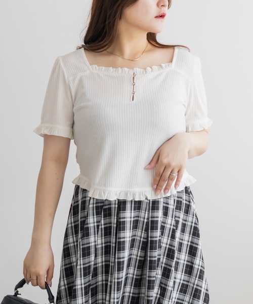 CLETTE(クレット)の「ラインストーン付きフリルトップス(Tシャツ/カットソー・レディース・ネイビー/サックスブルー/オフホワイト・3L/LL/4L)」の6枚目の写真