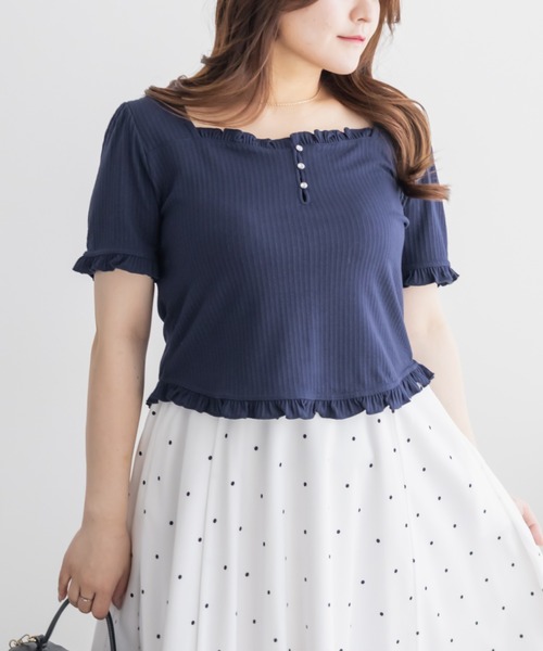 CLETTE(クレット)の「ラインストーン付きフリルトップス(Tシャツ/カットソー・レディース・ネイビー/サックスブルー/オフホワイト・3L/LL/4L)」の10枚目の写真