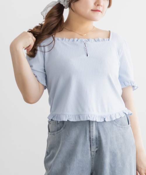 CLETTE(クレット)の「ラインストーン付きフリルトップス(Tシャツ/カットソー・レディース・ネイビー/サックスブルー/オフホワイト・3L/LL/4L)」の11枚目の写真