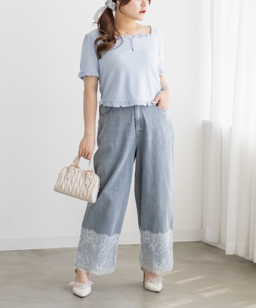 CLETTE(クレット)の「ラインストーン付きフリルトップス(Tシャツ/カットソー・レディース・ネイビー/サックスブルー/オフホワイト・3L/LL/4L)」の7枚目の写真