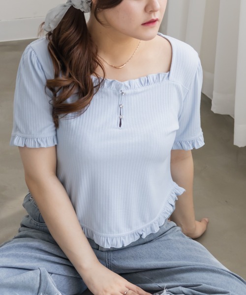 CLETTE(クレット)の「ラインストーン付きフリルトップス(Tシャツ/カットソー・レディース・ネイビー/サックスブルー/オフホワイト・3L/LL/4L)」の13枚目の写真