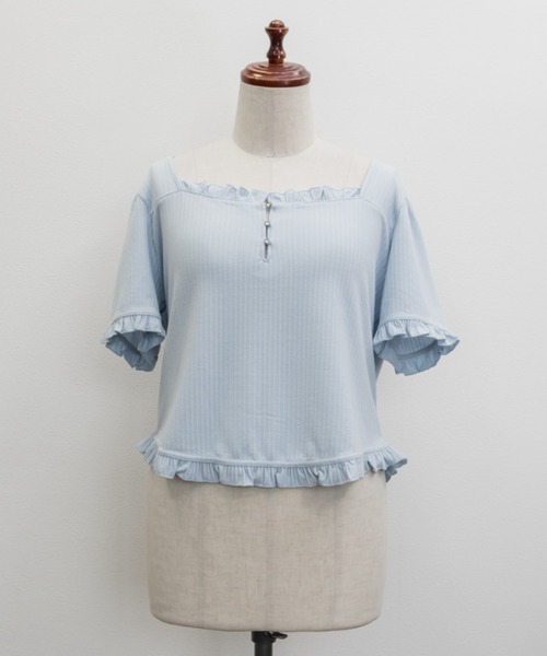 CLETTE(クレット)の「ラインストーン付きフリルトップス(Tシャツ/カットソー・レディース・ネイビー/サックスブルー/オフホワイト・3L/LL/4L)」の4枚目の写真