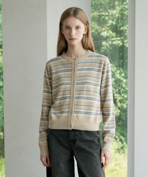 Merino Wool 100% Round Striped Knit Cardigan (beige)