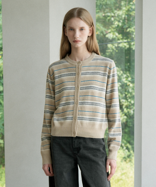 VLETI(ブレッティ)の「Merino Wool 100% Round Striped Knit Cardigan (beige)(カーディガン/ボレロ・レディース・ベージュ・FREE)」の1枚目の写真