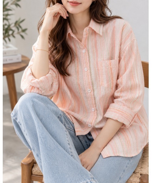 FAZVY(ファズビー)の「爽やかに羽織る マルチストライプオーバーシャツ(シャツ/ブラウス・レディース・ピンク/ブルー・M/S/L)」の8枚目の写真