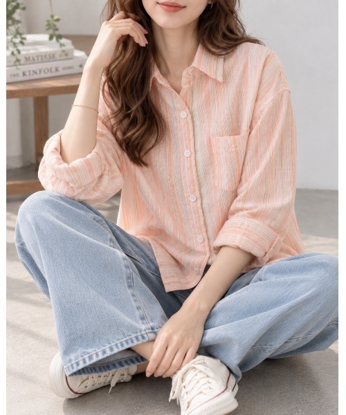 FAZVY(ファズビー)の「爽やかに羽織る マルチストライプオーバーシャツ(シャツ/ブラウス・レディース・ピンク/ブルー・M/S/L)」の12枚目の写真