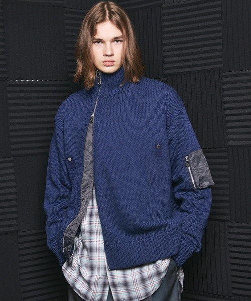 MAISON SPECIAL(メゾンスペシャル)の「《UNISEX》アシンメトリーフロントジップMA-1ディティールプライムオーバードライバーズニット/Asymmetric Front-Zip MA-1 Detail Prime-Over Driver's Knit【MAISON SPECIAL/メゾンスペシャル】(カーディガン/ボレロ・メンズ・ブルー/ライトグレー/ブラック・0/2/1)」の3枚目の写真