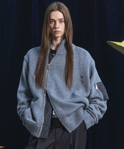 MAISON SPECIAL(メゾンスペシャル)の「《UNISEX》アシンメトリーフロントジップMA-1ディティールプライムオーバードライバーズニット/Asymmetric Front-Zip MA-1 Detail Prime-Over Driver's Knit【MAISON SPECIAL/メゾンスペシャル】(カーディガン/ボレロ・メンズ・ブルー/ライトグレー/ブラック・0/2/1)」の2枚目の写真
