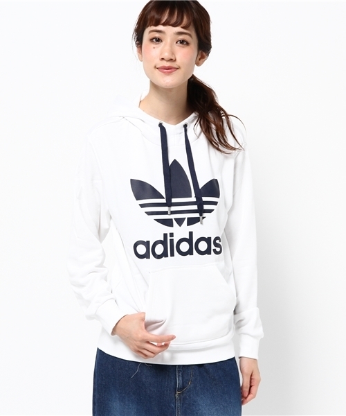 adidas（アディダス）の「オリジナルス パーカー[TREFOIIL LONG HOODIE]（パーカー・レディース・グリーン/ホワイト×ブルー・LARGE/SMALL/XX-LARGE/X-SMALL/MEDIUM）」の2枚目の写真