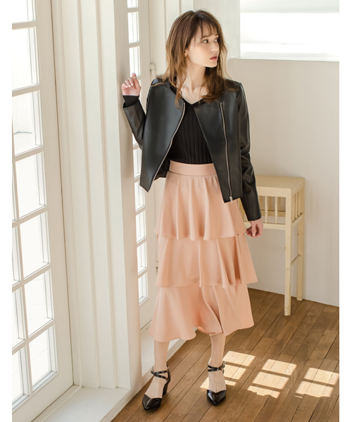 Re:EDIT(リエディ)の「ェイクレザーノーカラーライダースジャケット(ノーカラージャケット・レディース・ブラック/グレイッシュベージュ/ピンク・LARGE/MEDIUM)」の16枚目の写真