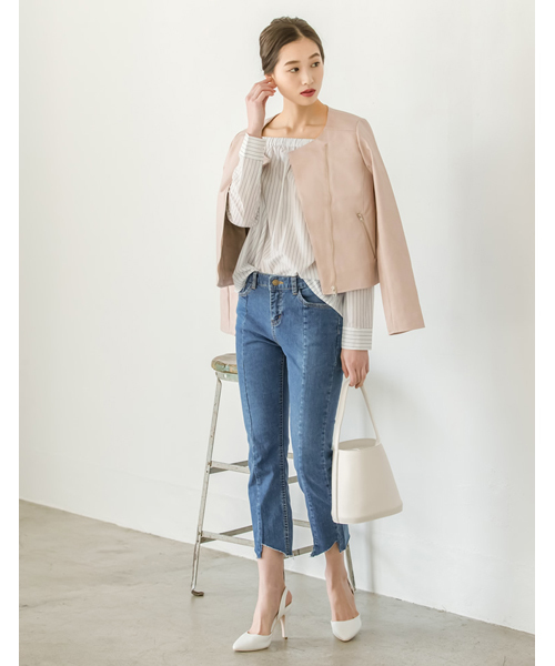 Re:EDIT(リエディ)の「ェイクレザーノーカラーライダースジャケット(ノーカラージャケット・レディース・ブラック/グレイッシュベージュ/ピンク・LARGE/MEDIUM)」の13枚目の写真