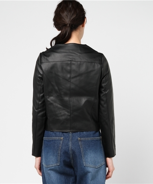 Re:EDIT(リエディ)の「ェイクレザーノーカラーライダースジャケット(ノーカラージャケット・レディース・ブラック/グレイッシュベージュ/ピンク・LARGE/MEDIUM)」の6枚目の写真