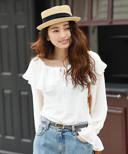 Luz Llena(ラズレナ)の「シフォンプリーツフリルブラウス(シャツ/ブラウス・レディース・ホワイト/ブラック・MEDIUM)」の2枚目の写真