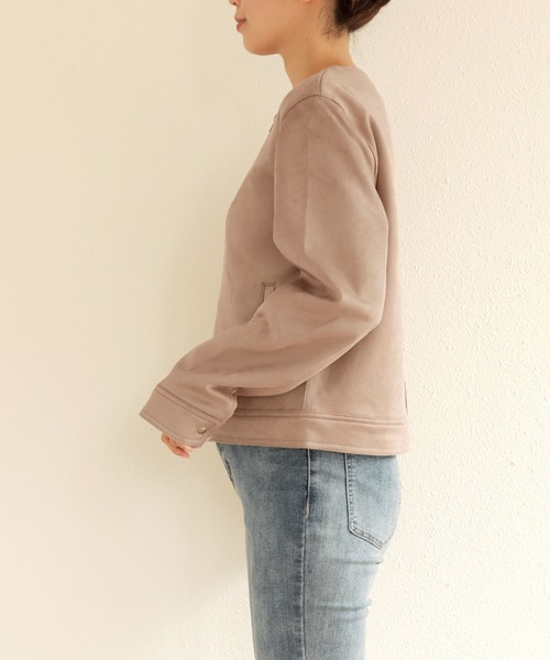 フェイクスエードノーカラーライダースジャケット（ブルゾン）｜andme