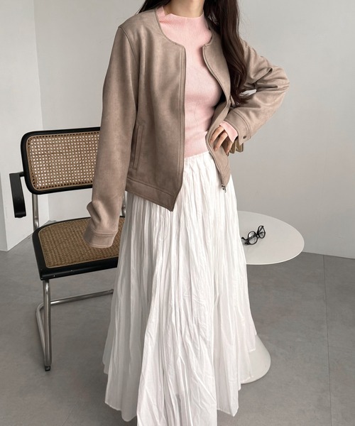 セール】フェイクスエードノーカラーライダースジャケット（ブルゾン