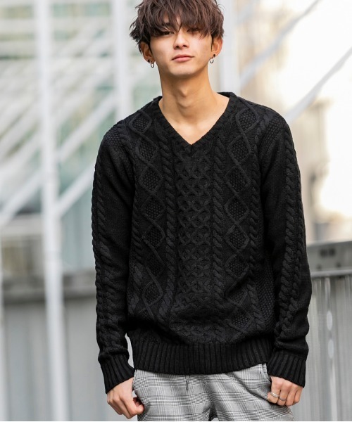 Bling Leads(ブリングリーズ)の「ケーブル編み / Vネック フィッシャーマンズ セーター(ニット/セーター・メンズ・ブラック/ベージュ/ブラウン/アイボリー/ホワイト系その他/ブラック系その他/ブルー系その他/ライトパープル・M/L/XL)」の11枚目の写真
