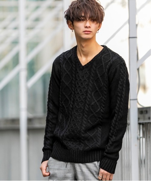 Bling Leads(ブリングリーズ)の「ケーブル編み / Vネック フィッシャーマンズ セーター(ニット/セーター・メンズ・ブラック/ベージュ/ブラウン/アイボリー/ホワイト系その他/ブラック系その他/ブルー系その他/ライトパープル・M/L/XL)」の21枚目の写真