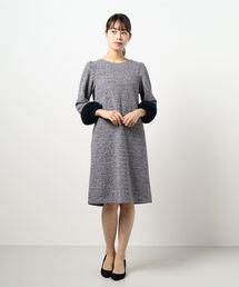 ニットツイード袖フェイクファーワンピース