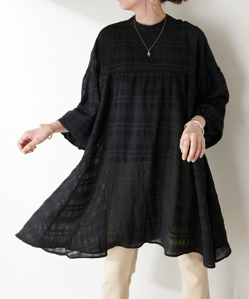 DISCOAT（ディスコート）の「【WEB限定】シアーチェックチュニック（シャツ/ブラウス・レディース・ホワイト/ミント/ブラック・FREE）」の2枚目の写真