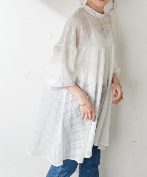 DISCOAT（ディスコート）の「【WEB限定】シアーチェックチュニック（シャツ/ブラウス・レディース・ホワイト/ミント/ブラック・FREE）」の13枚目の写真