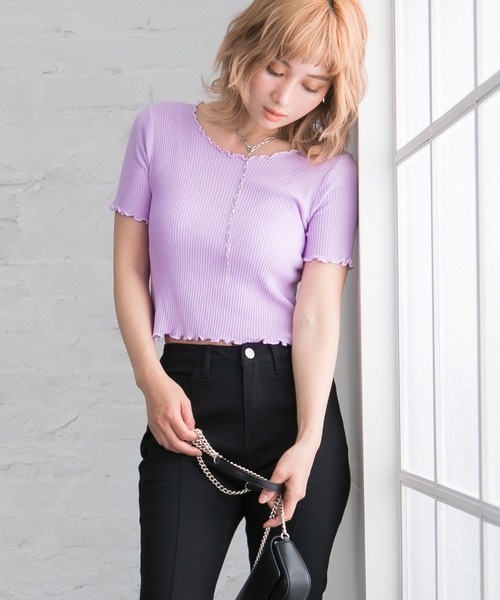 Newlyme（ニューリーミー）の「テレコリブメロウフリルトップス（Tシャツ/カットソー・レディース・ホワイト/ピンク/イエロー/グリーン/ラベンダー/ブラック・MEDIUM）」の4枚目の写真