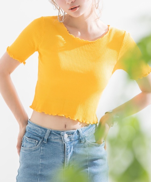 Newlyme（ニューリーミー）の「テレコリブメロウフリルトップス（Tシャツ/カットソー・レディース・ホワイト/ピンク/イエロー/グリーン/ラベンダー/ブラック・MEDIUM）」の5枚目の写真