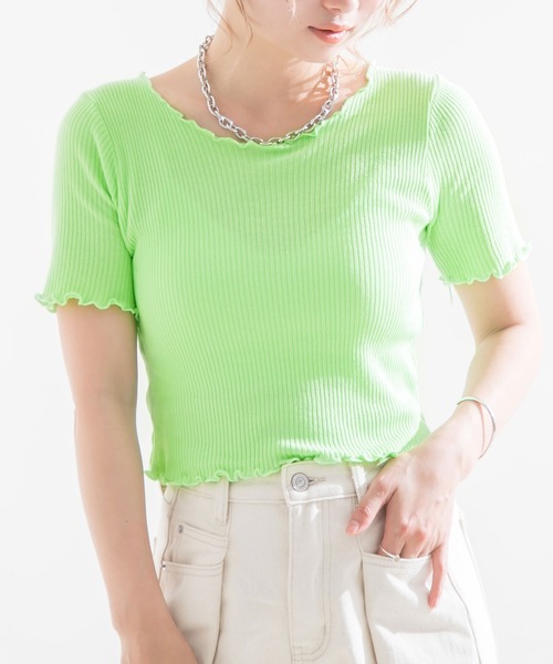 Newlyme（ニューリーミー）の「テレコリブメロウフリルトップス（Tシャツ/カットソー・レディース・ホワイト/ピンク/イエロー/グリーン/ラベンダー/ブラック・MEDIUM）」の3枚目の写真