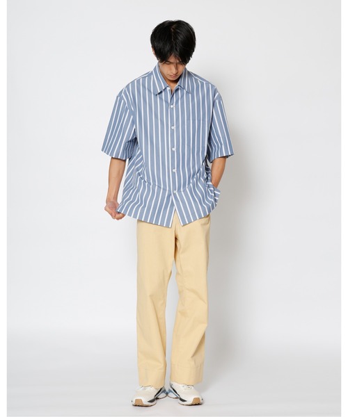 UNDECORATED(アンデコレイテッド)の「UNDECORATED アンデコレイテッド / Hi Count Cotton Stripe S/S Shirt 高密度コットン ストライプ オーバーサイズ半袖シャツ / UDS22203(シャツ/ブラウス・メンズ・ベージュ/ブルー・1/2/3/0)」の3枚目の写真