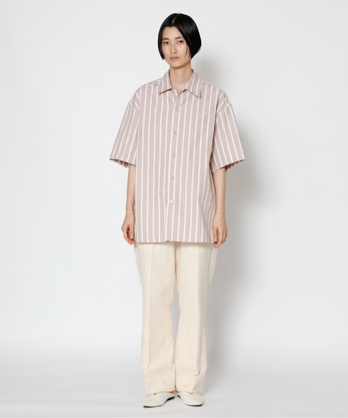 UNDECORATED(アンデコレイテッド)の「UNDECORATED アンデコレイテッド / Hi Count Cotton Stripe S/S Shirt 高密度コットン ストライプ オーバーサイズ半袖シャツ / UDS22203(シャツ/ブラウス・メンズ・ベージュ/ブルー・1/2/3/0)」の4枚目の写真
