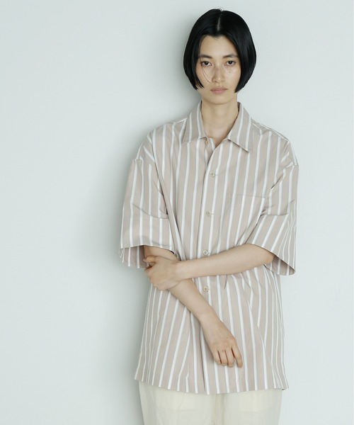 UNDECORATED(アンデコレイテッド)の「UNDECORATED アンデコレイテッド / Hi Count Cotton Stripe S/S Shirt 高密度コットン ストライプ オーバーサイズ半袖シャツ / UDS22203(シャツ/ブラウス・メンズ・ベージュ/ブルー・1/2/3/0)」の5枚目の写真
