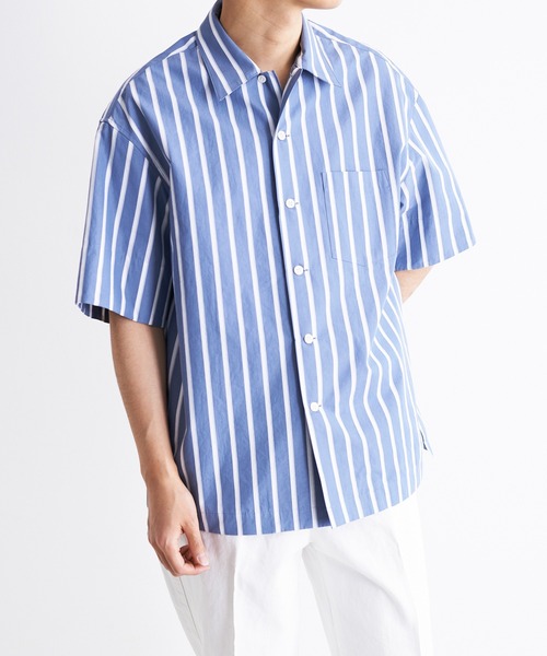 UNDECORATED(アンデコレイテッド)の「UNDECORATED アンデコレイテッド / Hi Count Cotton Stripe S/S Shirt 高密度コットン ストライプ オーバーサイズ半袖シャツ / UDS22203(シャツ/ブラウス・メンズ・ベージュ/ブルー・1/2/3/0)」の22枚目の写真