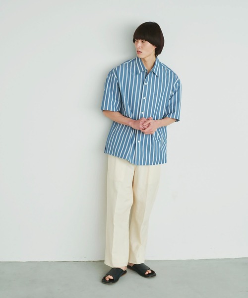 UNDECORATED(アンデコレイテッド)の「UNDECORATED アンデコレイテッド / Hi Count Cotton Stripe S/S Shirt 高密度コットン ストライプ オーバーサイズ半袖シャツ / UDS22203(シャツ/ブラウス・メンズ・ベージュ/ブルー・1/2/3/0)」の20枚目の写真