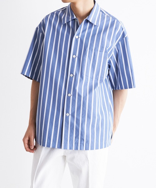 UNDECORATED(アンデコレイテッド)の「UNDECORATED アンデコレイテッド / Hi Count Cotton Stripe S/S Shirt 高密度コットン ストライプ オーバーサイズ半袖シャツ / UDS22203(シャツ/ブラウス・メンズ・ベージュ/ブルー・1/2/3/0)」の21枚目の写真