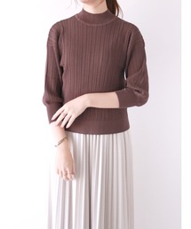 透かし柄8分袖ハイネックニット