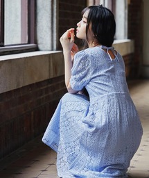 ネックリボンストライプレース パーティードレス