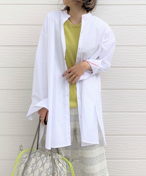 Q(キュー)の「バンドカラーロングシャツ(シャツ/ブラウス・レディース・ブラック系その他/ホワイト/ブルー系その他・MEDIUM)」の1枚目の写真