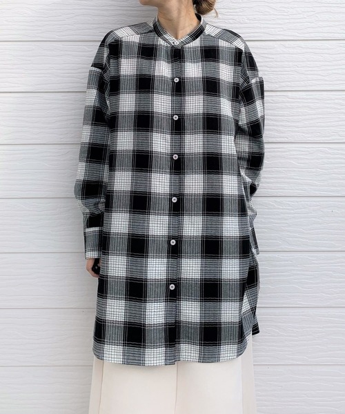 Q(キュー)の「バンドカラーロングシャツ(シャツ/ブラウス・レディース・ブラック系その他/ホワイト/ブルー系その他・MEDIUM)」の4枚目の写真