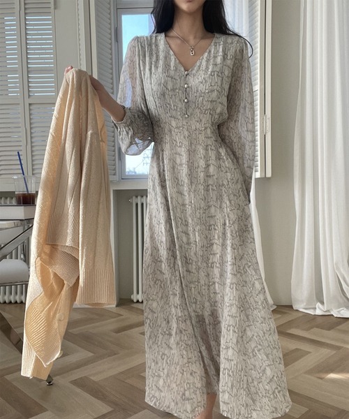 Leja Vネック透け感袖総柄ロングワンピース ワンピース Leja レジャ のファッション通販 Zozotown