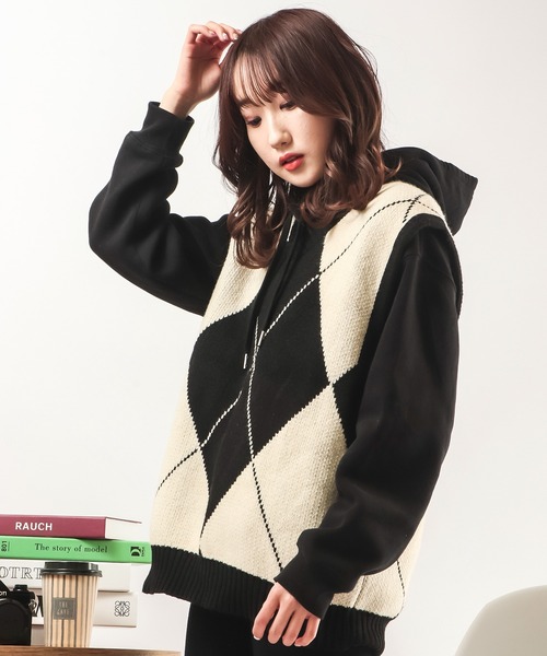 CIAO（チャオ）の「ciao ルーズ ビッグアーガイルチェック柄ベスト（ベスト・メンズ・ブラック/グレー・FREE）」の6枚目の写真