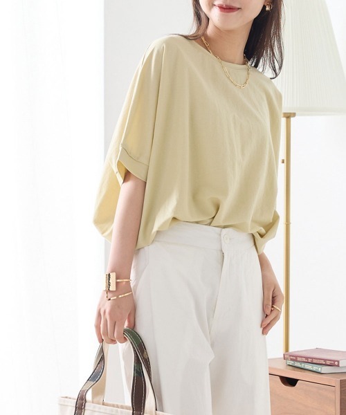 OMNES（オムネス）の「接触冷感レーヨンナイロンBIGシルエットプルオーバー（Tシャツ/カットソー・レディース・ホワイト/ブラック/ベージュ/ブルー/ラベンダー/キャメル/イエロー/チャコールグレー/モカ/ホワイト系その他/ブラック×ホワイト/ネイビー/グレー/グリーン/ブラウン/イエロー系その他・FREE）」の14枚目の写真