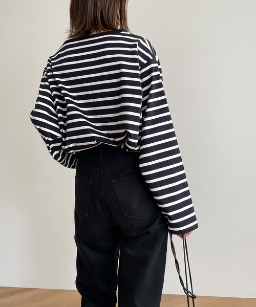 CANAL JEAN（キャナルジーン）の「RED CHOP WORKS(レッドチョップワークス) ボートネックボーダーロングTシャツ（Tシャツ/カットソー・レディース・ネイビー/レッド・38）」の7枚目の写真