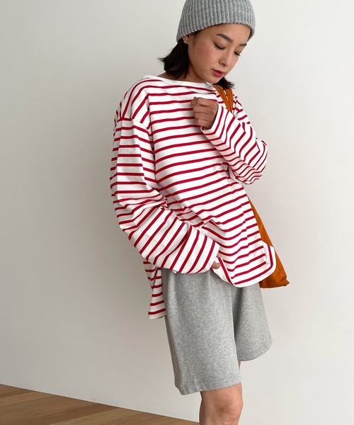 CANAL JEAN（キャナルジーン）の「RED CHOP WORKS(レッドチョップワークス) ボートネックボーダーロングTシャツ（Tシャツ/カットソー・レディース・ネイビー/レッド・38）」の4枚目の写真