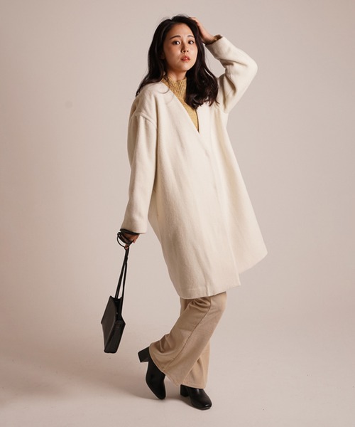 A.N.L（エーエヌエル　レーベル）の「A.N.L ウールＶネックコート（ノーカラージャケット・レディース・ブラック/オフホワイト/グレー・38）」の2枚目の写真