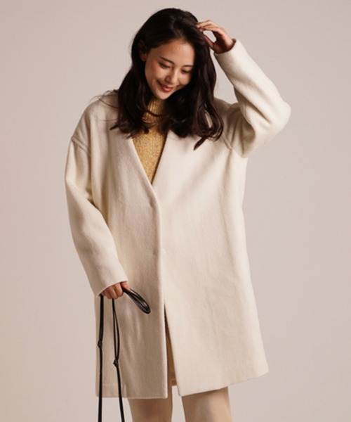 A.N.L（エーエヌエル　レーベル）の「A.N.L ウールＶネックコート（ノーカラージャケット・レディース・ブラック/オフホワイト/グレー・38）」の9枚目の写真