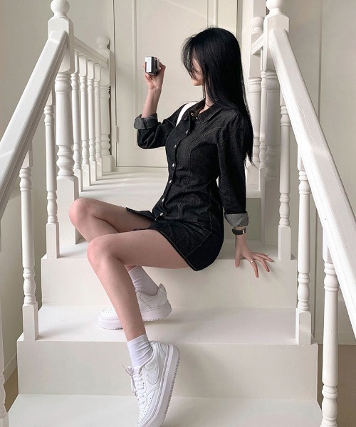 BEIDELLI（ベイデリー）の「[BELLIDE MADE] ウエストバンディングデニムワンピース（ワンピース・レディース・ブラック/ブルー/ブルー系その他/ブラック系その他・FREE）」の7枚目の写真